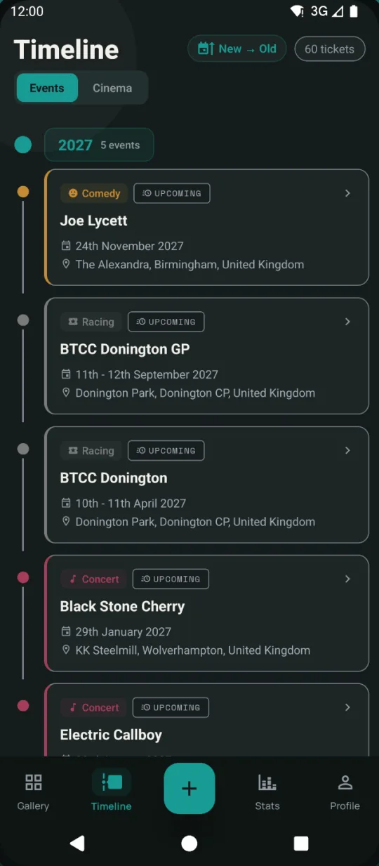 Timeline grouped by year with upcoming events